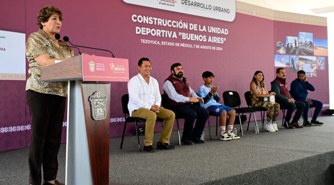 Delfina Gómez Álvarez da banderazo de inicio de obra de la Unidad Deportiva «Buenos Aires» en Tezoyuca